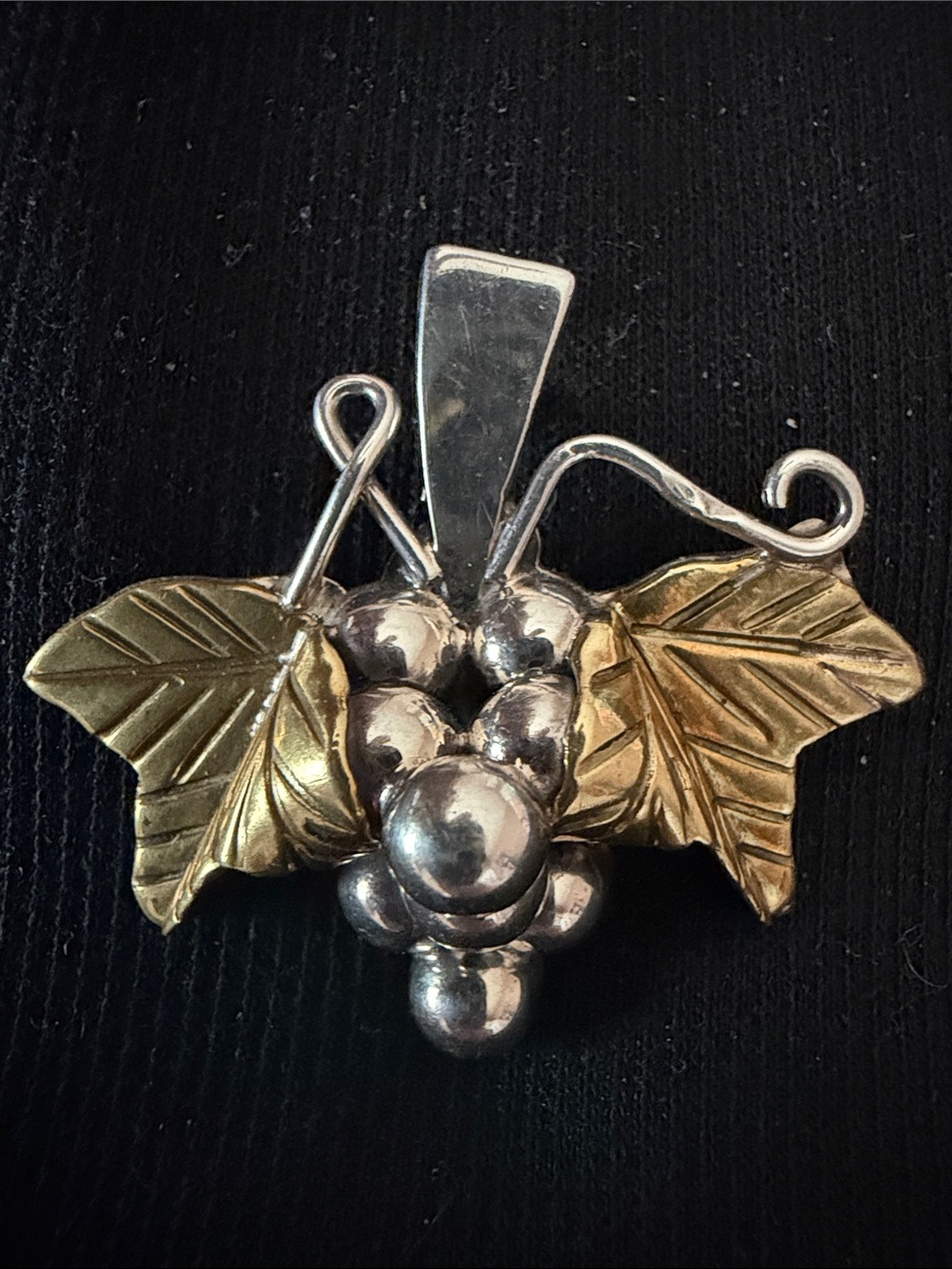 Vintage 925 sterling silver Taxco grape cluster pendant, gold wash leaves